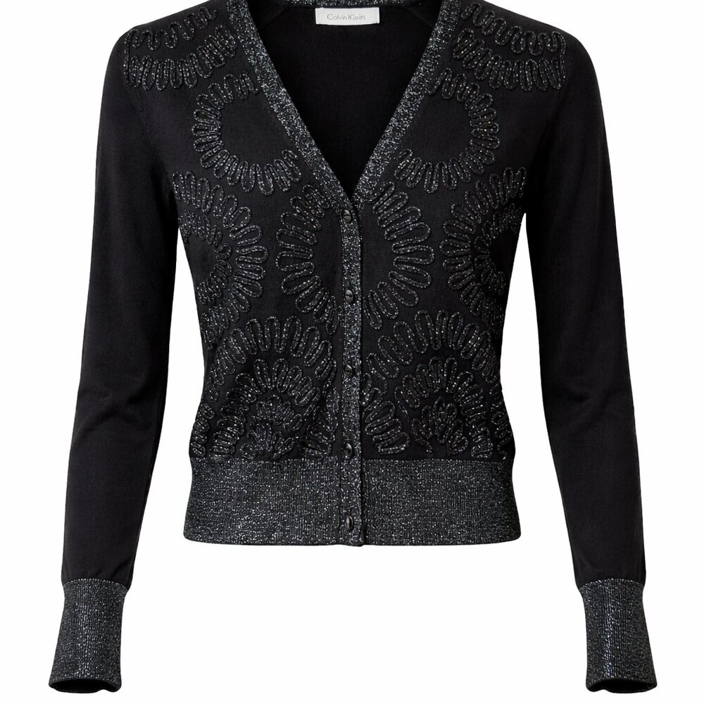 Calvin Klein Black Beaded Sequin Cardigan Sweater Metallic Trim Button Y2K Glam